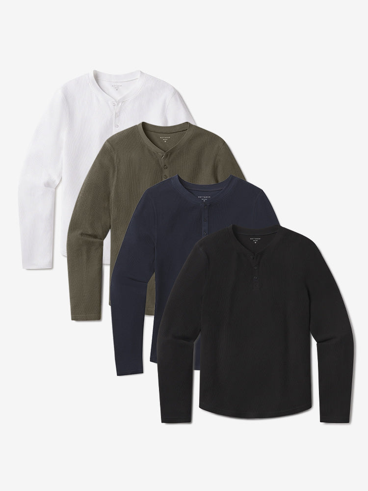 Men wearing White/Dark Moss/Black/Navy Cotton Waffle Curved Hem Henley 4-Pack