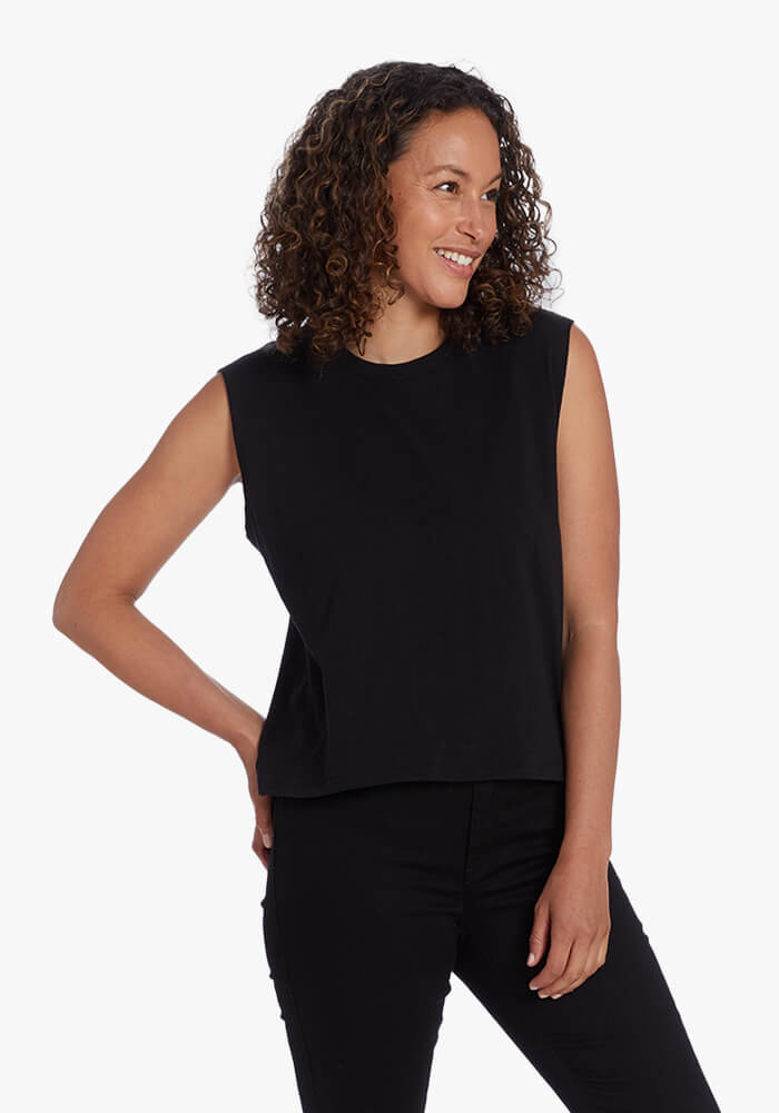 Women wearing Black Relaxed Slub Tank