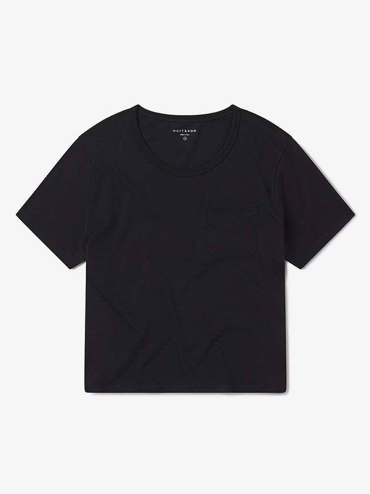 Women wearing Black Cotton Boxy Pocket Crew Neck Tee