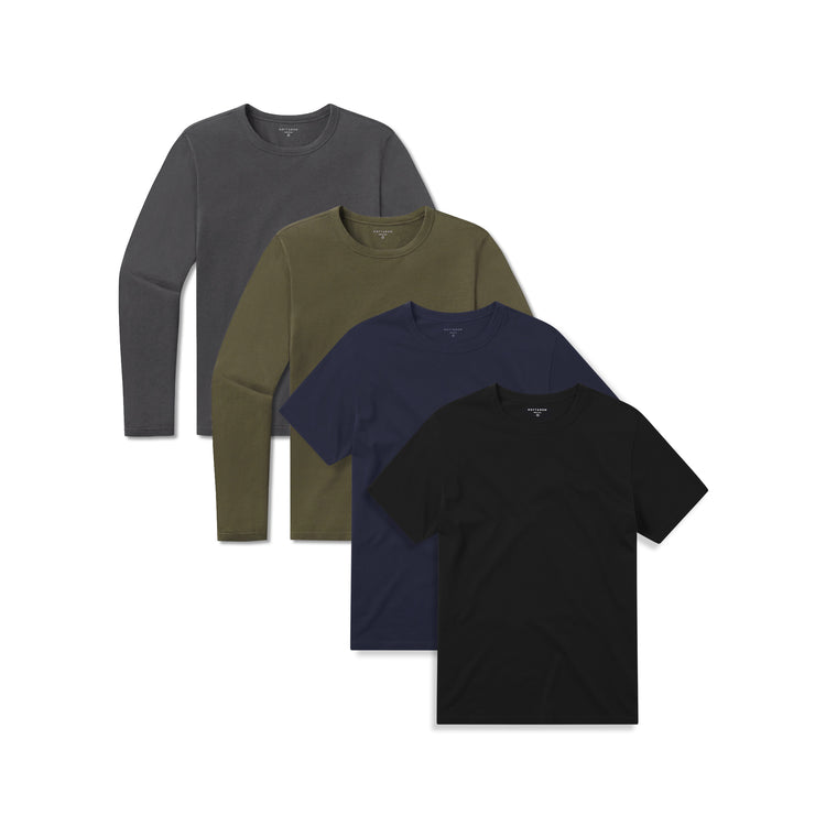 wearing Black/Navy/Dark Moss/Dark Gray Short Long Sleeve Driggs 4-Pack