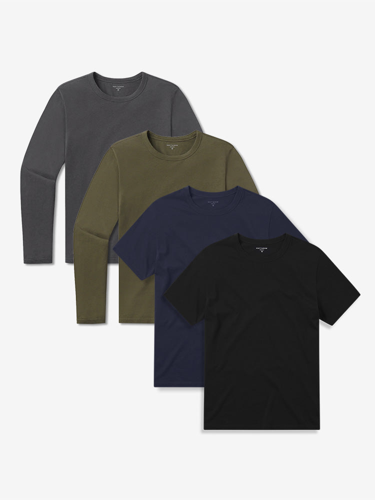 wearing Black/Navy/Dark Moss/Dark Gray Short Long Sleeve Driggs 4-Pack
