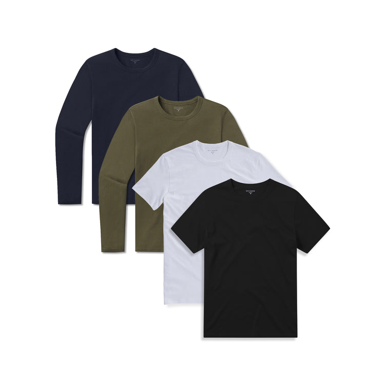 wearing Black/White/Navy/Dark Moss Short Long Sleeve Driggs 4-Pack