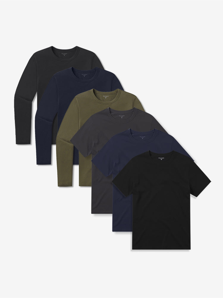wearing Black/Navy/Dark Gray/Black/Navy/Dark Moss Short Long Sleeve Driggs 6-Pack