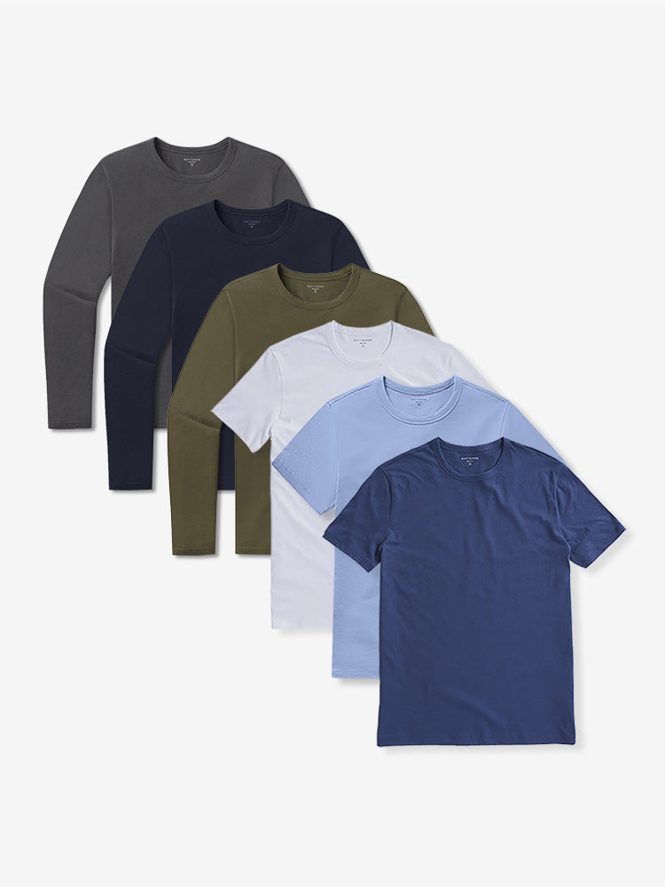wearing White/California Blue/Baltic Blue/Navy/Dark Moss/Dark Gray Short Long Sleeve Driggs 6-Pack