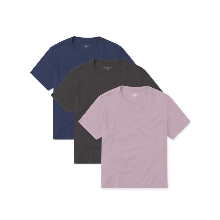 Women wearing Dark Gray/Venice Blue/Rose Pink Everyday Cotton Crew Tee 3-Pack
