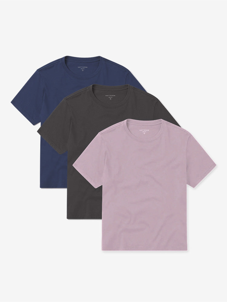 Women wearing Dark Gray/Venice Blue/Rose Pink Everyday Cotton Crew Tee 3-Pack