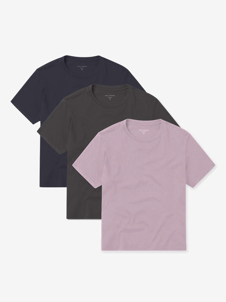 Women wearing Navy/Dark Gray/Rose Pink Everyday Cotton Crew Tee 3-Pack