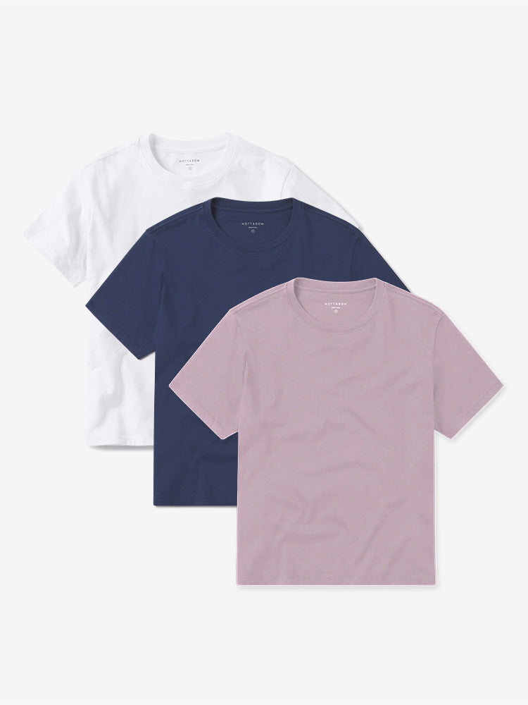 Women wearing White/Venice Blue/Rose Pink Everyday Cotton Crew Tee 3-Pack