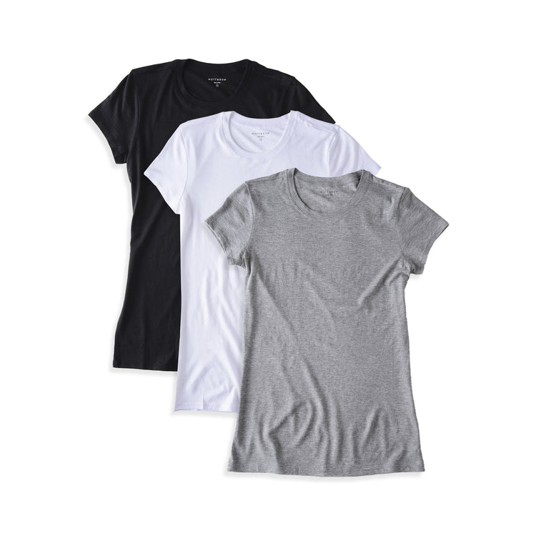 Women wearing Black/White/Heather Gray Fitted Crew Marcy 3-Pack