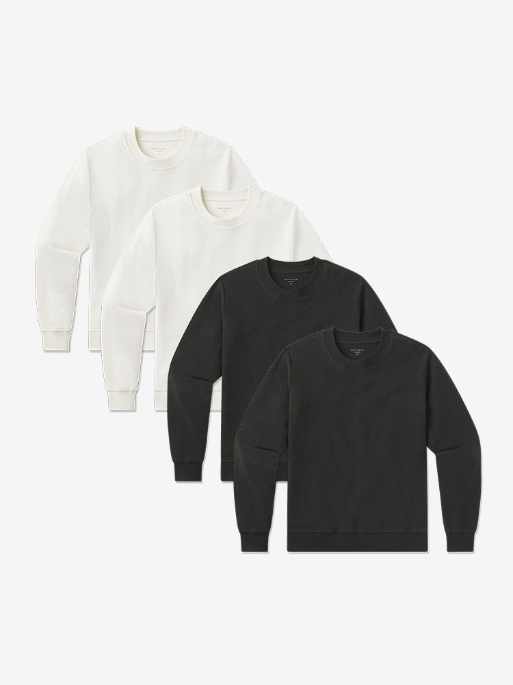 Women wearing Ivory/Faded Black Crew Neck Fleece Sweatshirt 4-Pack