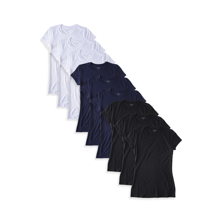 Women wearing 3 White/3 Navy/3 Black Fitted Crew Marcy 9-Pack