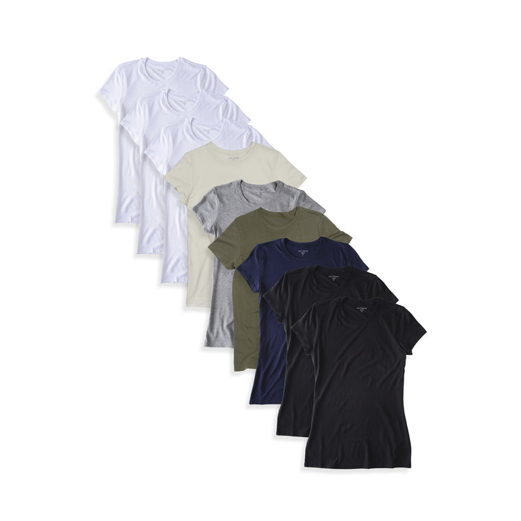 Women wearing 3 White/Vintage White/Heather Gray/Military Green/Navy/2 Black Fitted Crew Marcy 9-Pack
