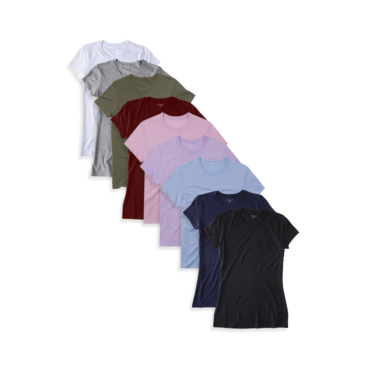 Women wearing Black/White/Heather Gray/Navy/Military Green/Crimson/Lilac/Rose Pink/Hydrangea Fitted Crew Marcy 9-Pack