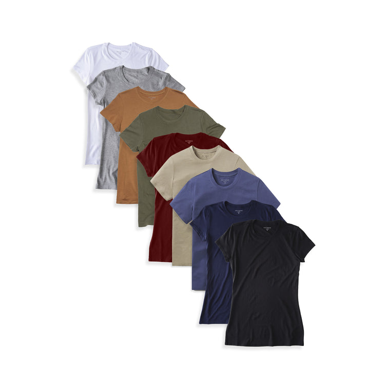 Women wearing White/Black/Heather Gray/Navy/Military Green/Crimson/Cardamon/Olive/Vintage Navy Fitted Crew Marcy 9-Pack