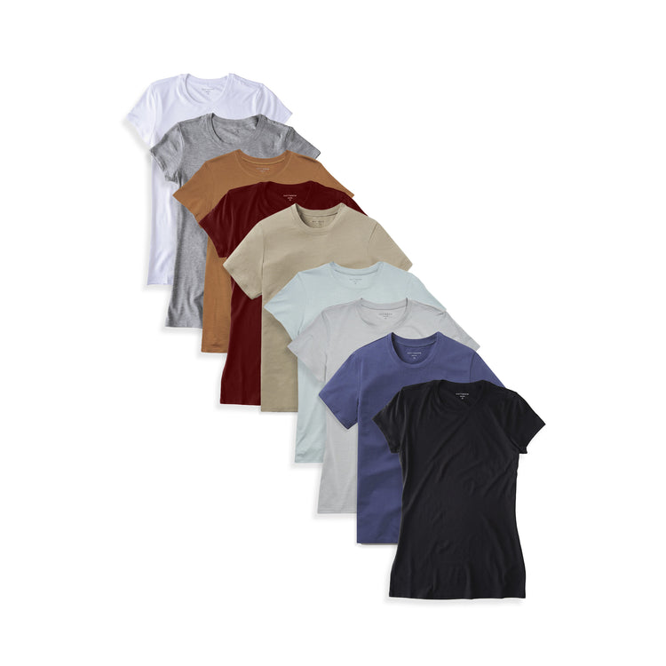 Women wearing White/Black/Heather Gray/Vintage Navy/Olive/Crimson/Cardamon/Vine/Light Gray Fitted Crew Marcy 9-Pack