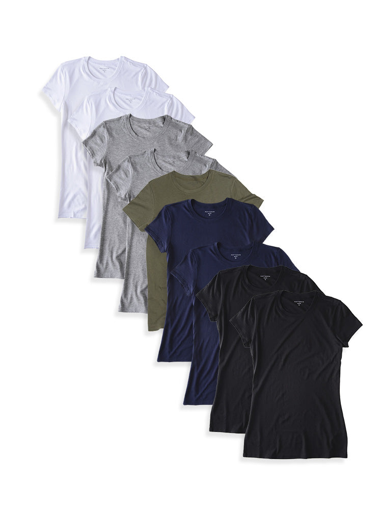 Women wearing 2 White/2 Black/2 Heather Gray/2 Navy/Military Green Fitted Crew Marcy 9-Pack