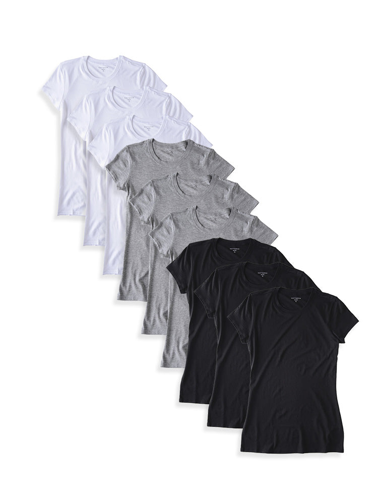 Women wearing 3 Black/3 White/3 Heather Gray Fitted Crew Marcy 9-Pack