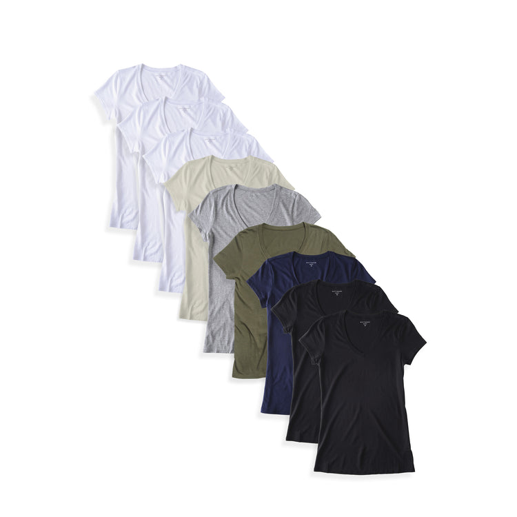 Women wearing 3 White/Vintage White/Heather Gray/Military Green/Navy/2 Black Fitted V-Neck Marcy 9-Pack