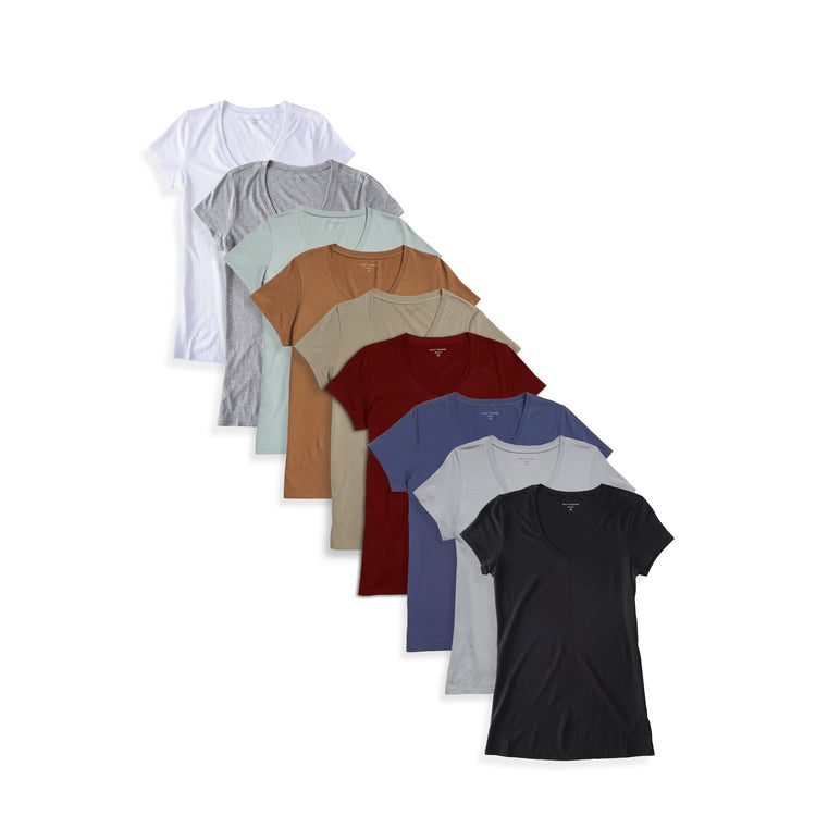 Women wearing White/Black/Heather Gray/Vintage Navy/Olive/Crimson/Cardamon/Vine/Light Gray Fitted V-Neck Marcy 9-Pack