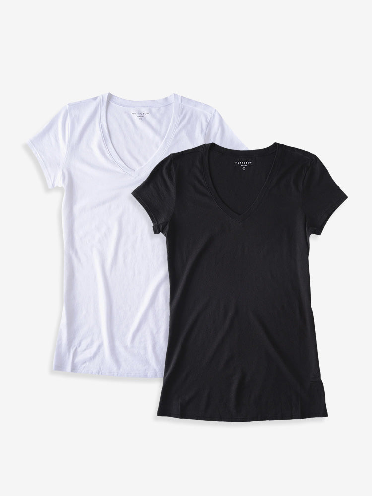 Women wearing White/Black Fitted V-Neck Marcy 2-Pack WDP2