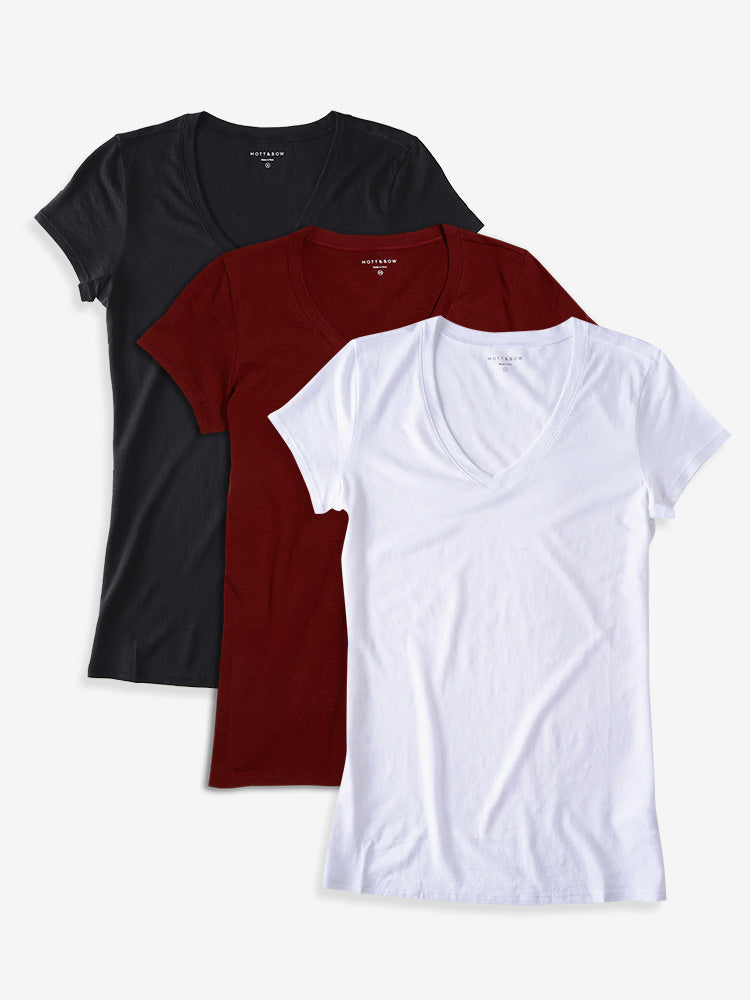 Women wearing Black/Crimson/White Fitted V-Neck Marcy 3-Pack