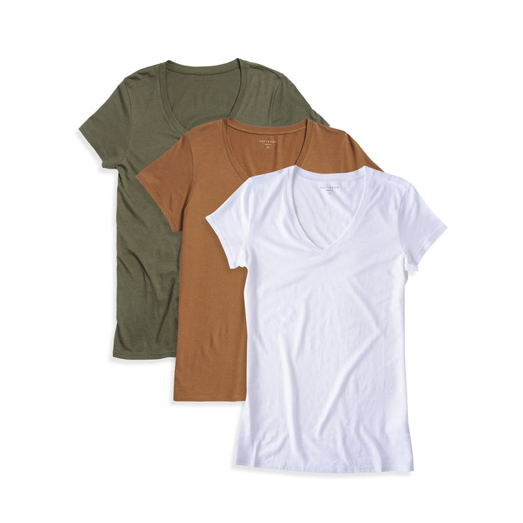 Women wearing Military Green/Cardamom/White Fitted V-Neck Marcy 3-Pack
