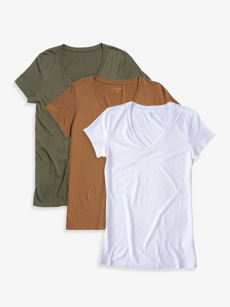 Women wearing Military Green/Cardamom/White Fitted V-Neck Marcy 3-Pack