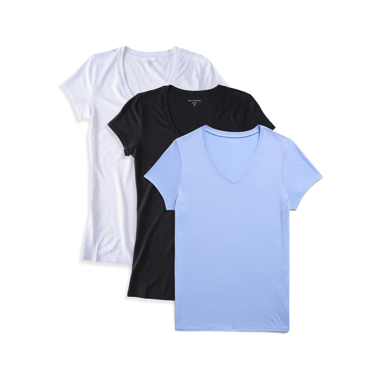 Women wearing White/Black/Hydrangea Fitted V-Neck Marcy 3-Pack