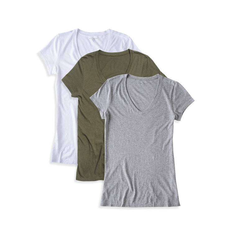 Women wearing White/Heather Gray/Military Green Fitted V-Neck Marcy 3-Pack