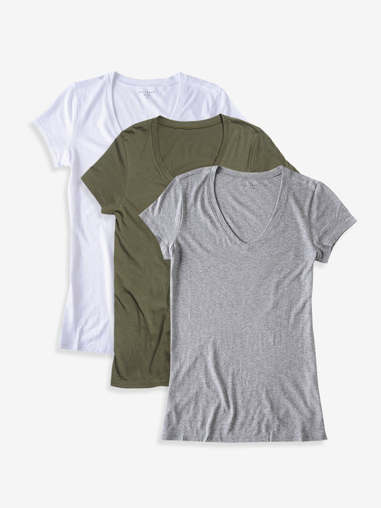 Women wearing White/Heather Gray/Military Green Fitted V-Neck Marcy 3-Pack