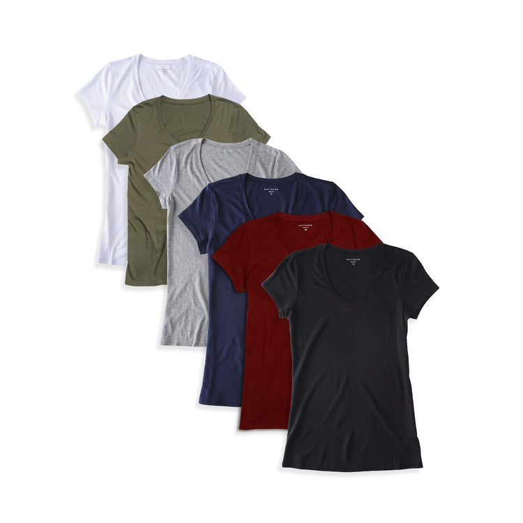 Women wearing Black/White/Heather Gray/Navy/Military Green/Crimson Fitted V-Neck Marcy 6-Pack