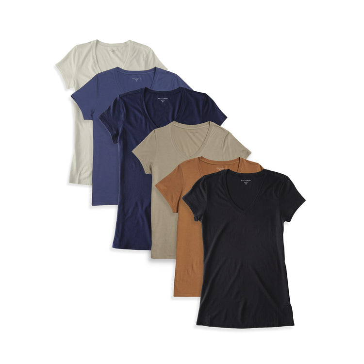 Women wearing Vintage White/Vintage Navy/Navy/Cardamon/Olive/Black Fitted V-Neck Marcy 6-Pack