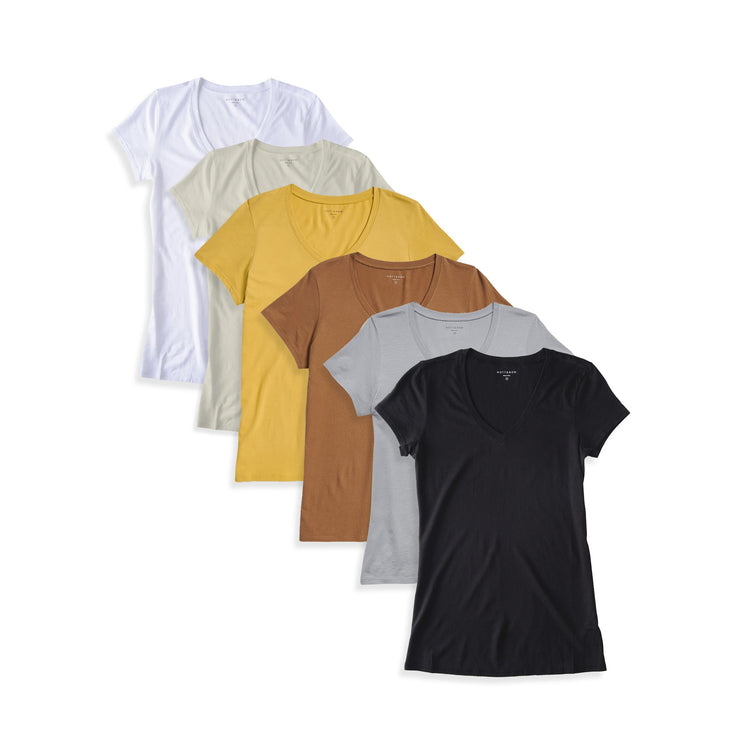 Women wearing White/Vintage White/Golden Brown/Cardamom/Light Gray/Black Fitted V-Neck Marcy 6-Pack