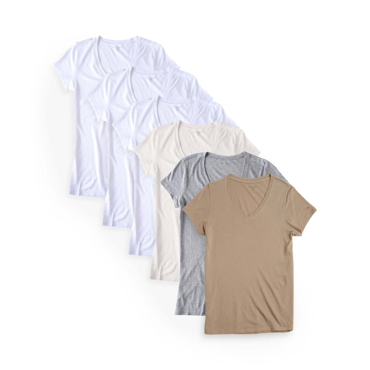 Women wearing White/Vintage White/Heather Gray/Olive Fitted V-Neck Marcy 6-Pack