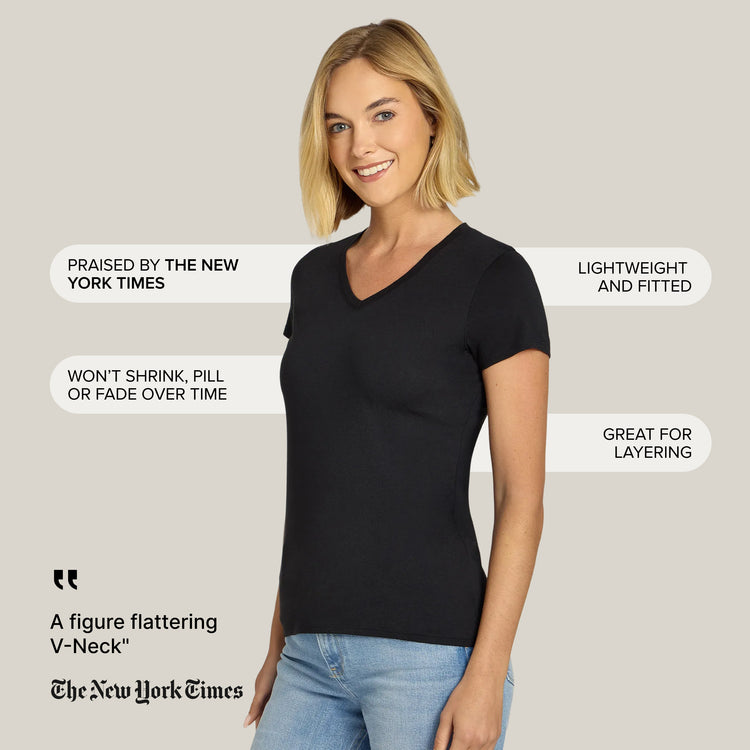 Women wearing Black Fitted V-Neck Marcy Tee