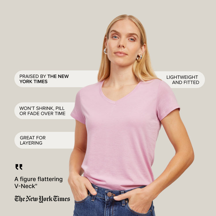 Women wearing Rose Pink Fitted V-Neck Marcy Tee