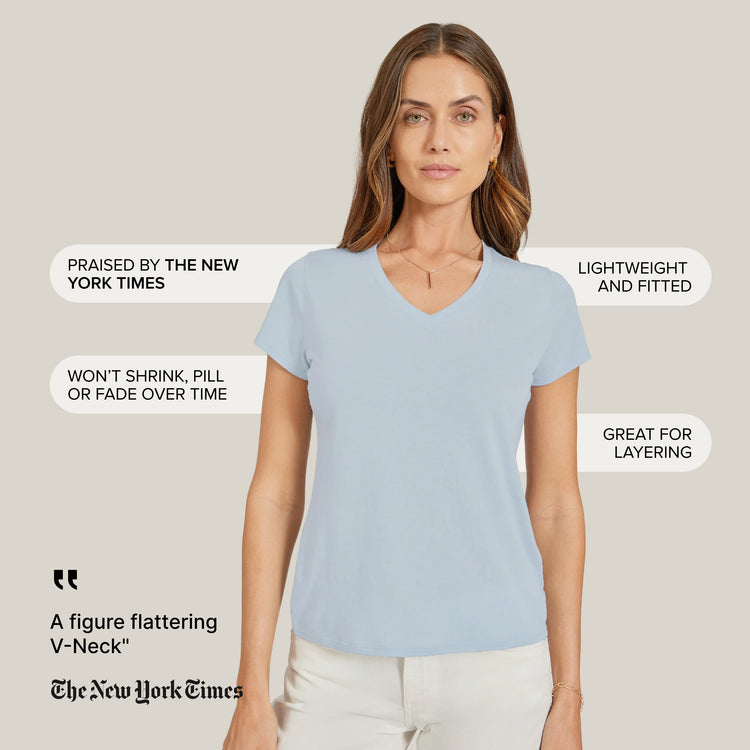 Women wearing Azul hielo Fitted V-Neck Marcy Tee