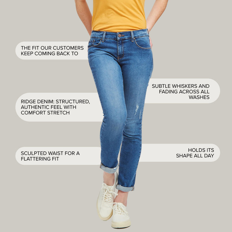 Women wearing Light/Medium Blue Mid Rise Slim Straight Ridge Jeans