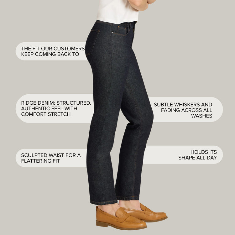 Women wearing Dark Blue Mid Rise Slim Straight Ridge Jeans