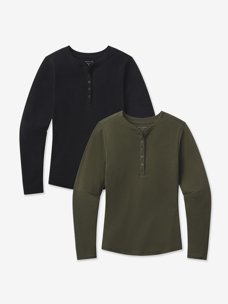 Women wearing Black/Dark Olive Long Sleeve Rib Henley Tee 2-Pack