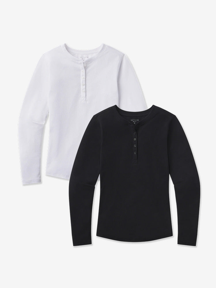 Women wearing Black/White Long Sleeve Rib Henley Tee 2-Pack