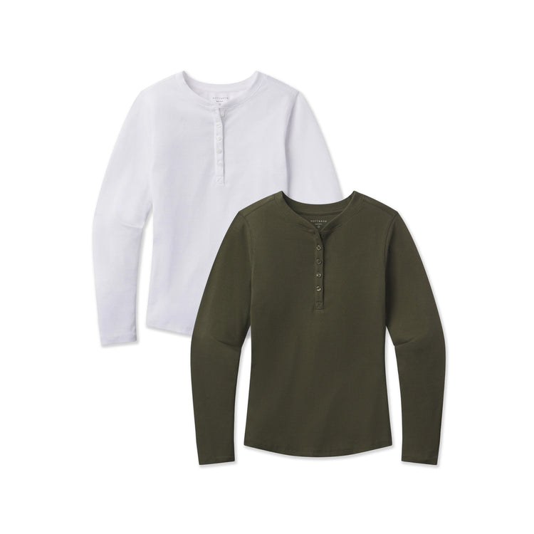 Women wearing White/Dark Olive Long Sleeve Rib Henley Tee 2-Pack