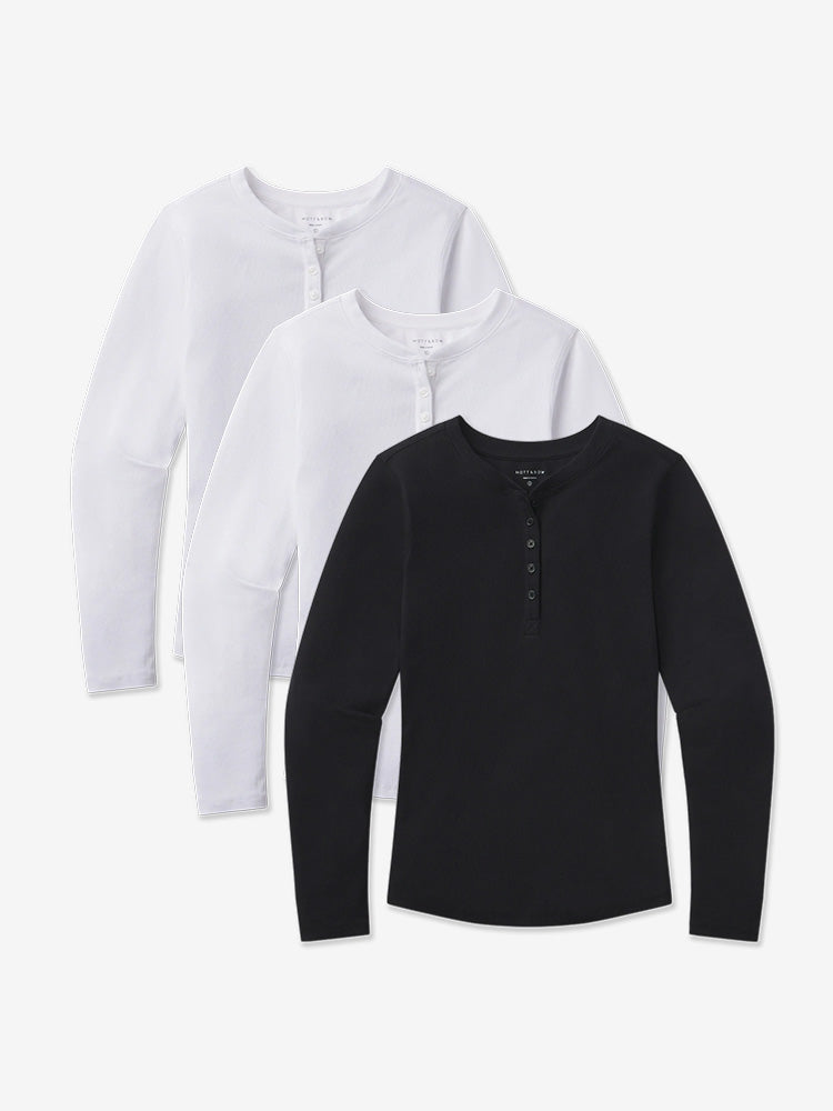 Women wearing White/White/Black Long Sleeve Rib Henley Tee 3-Pack
