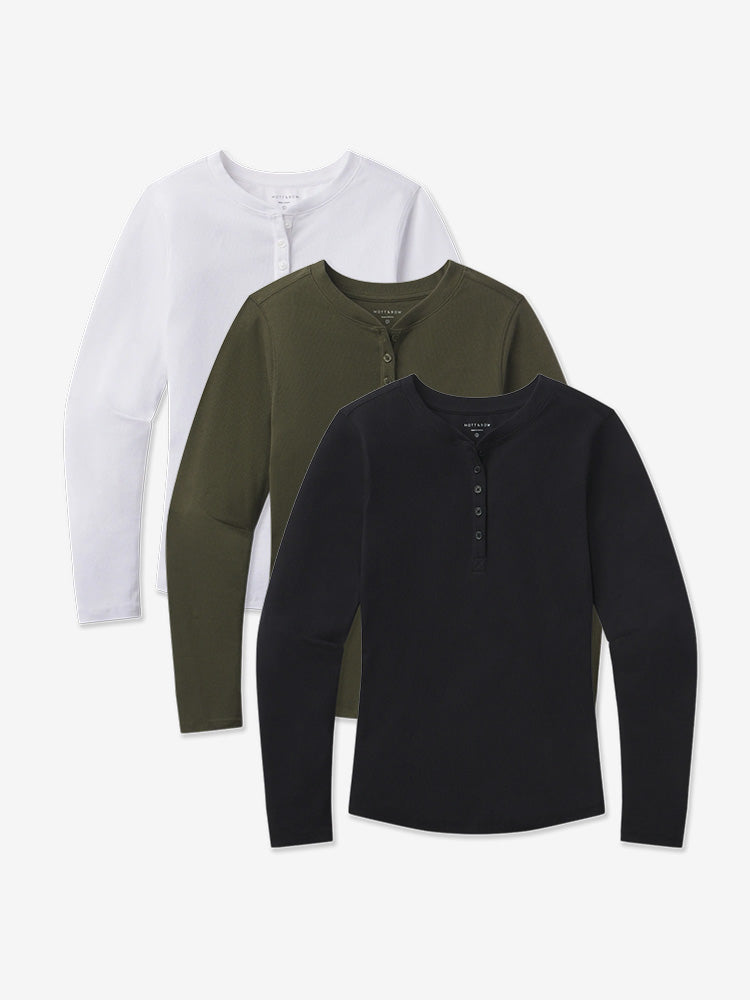 Women wearing Black/White/Dark Olive Long Sleeve Rib Henley Tee 3-Pack