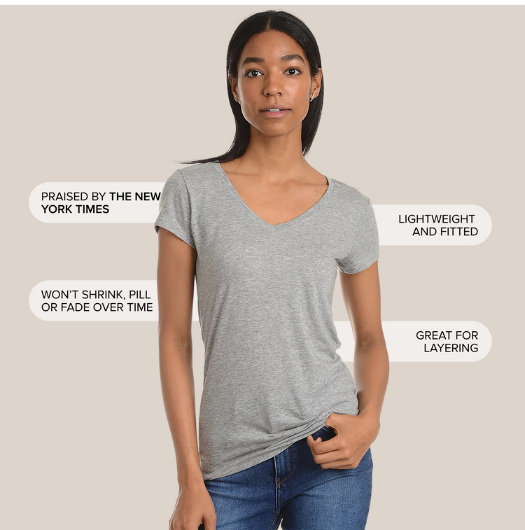 Women wearing Heather Gray Fitted V-Neck Marcy Tee