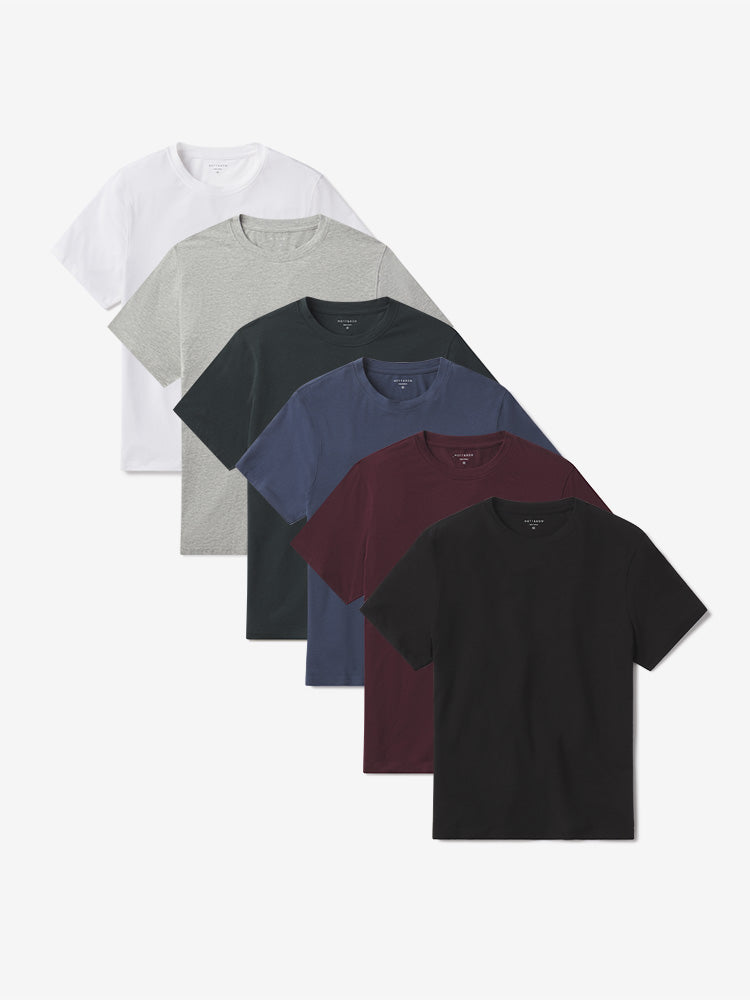 Men wearing White/Heather Gray/Pine/Graphite Blue/Maroon/Black Luxe Stretch Tee 6-Pack