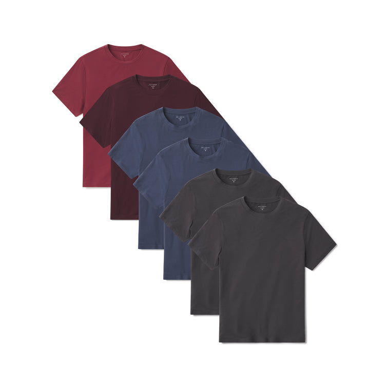 Men wearing Dark Gray/Dark Gray/Graphite Blue/Graphite Blue/Maroon/Brick Red Luxe Stretch Tee 6-Pack