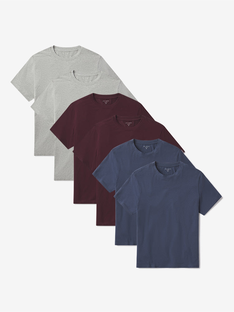 Men wearing Heather Gray/Graphite Blue/Maroon Luxe Stretch Tee 6-Pack