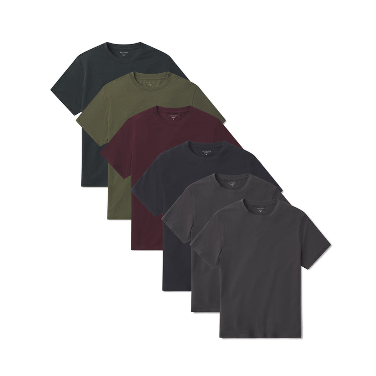Men wearing Dark Olive/Pine/Maroon/Navy/Dark Gray/Dark Gray Luxe Stretch Tee 6-Pack