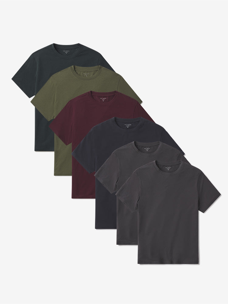 Men wearing Dark Olive/Pine/Maroon/Navy/Dark Gray/Dark Gray Luxe Stretch Tee 6-Pack